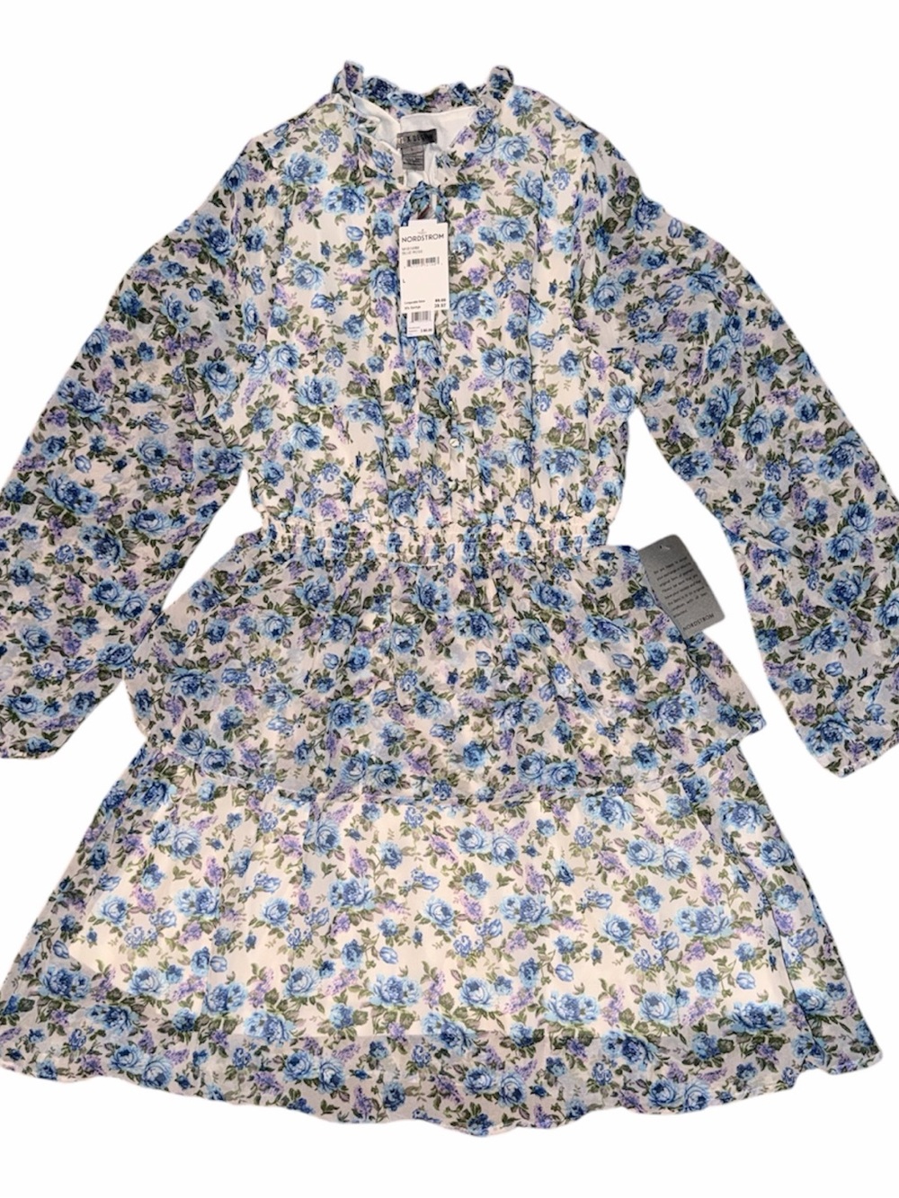 Nordstrom Blue and White Floral Tiered Long-Sleeve Dress